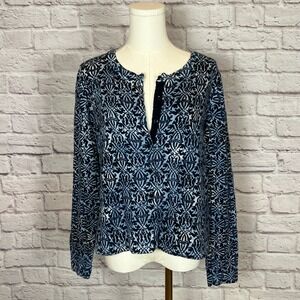 Liz & Co Women's L Blue Damask Print Cardigan Cotton | Classic